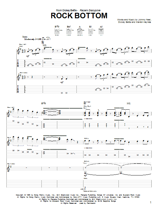 Preview Dickey Betts Rock Bottom Rock sheet music, notes and chords for Guitar Tab, SKU: 23670 Download Dickey Betts Rock Bottom sheet music and printable PDF score & Rock music notes