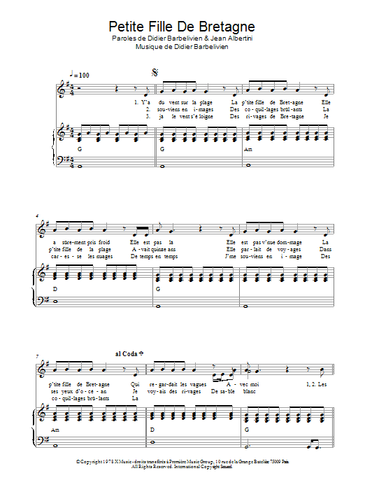Didier Barbelivien Petite Fille De Bretagne Sheet Music & Chords for Piano & Vocal - Download or Print PDF
