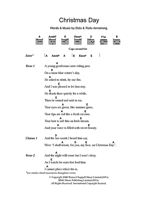 Preview Dido Christmas Day Pop sheet music, notes and chords for Lyrics & Chords, SKU: 101308 sheet music, piano notes, chords, guitar tabs, score, transpose, transcribe, how to play, guide, download, learn, tutorial, progression, song, artist, awards, billboard, mtv, vh1, tour, single, album, release