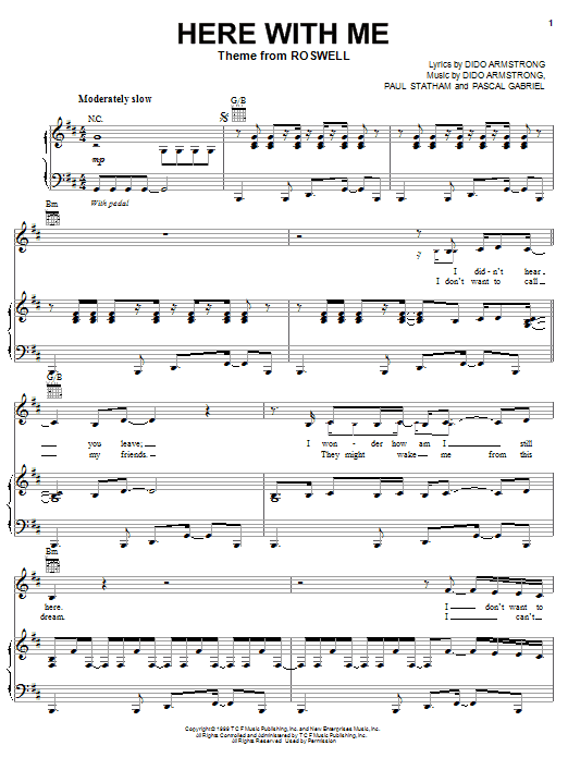 Preview Dido Here With Me Rock sheet music, notes and chords for Piano, Vocal & Guitar (Right-Hand Melody), SKU: 51963 Download Dido Here With Me sheet music and printable PDF score & Rock music notes