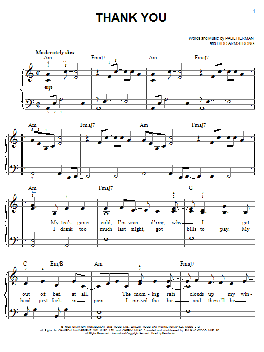 Preview Dido Thank You Pop sheet music, notes and chords for Lyrics & Chords, SKU: 40472 Download Dido Thank You sheet music and printable PDF score & Pop music notes