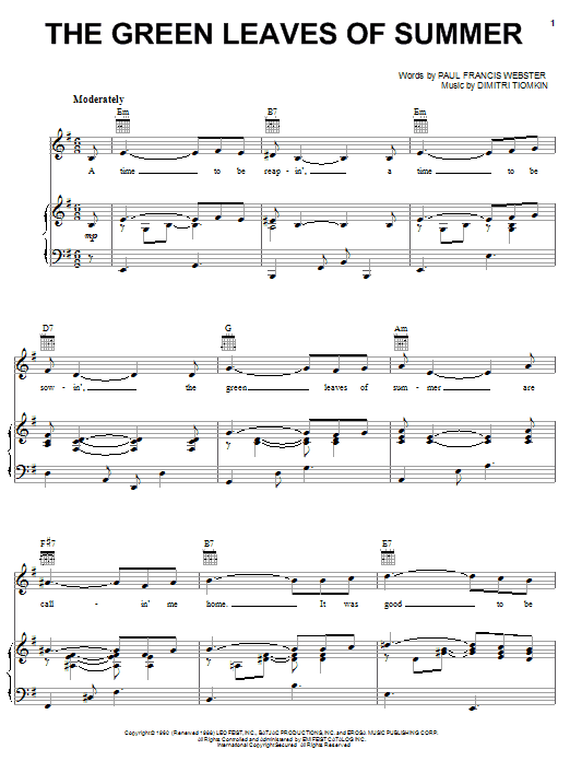 The Green Leaves Of Summer Sheet Music Notes Dimitri Tiomkin Chords Download Film And Tv Notes Melody Line Lyrics Chords Pdf Printable 183555