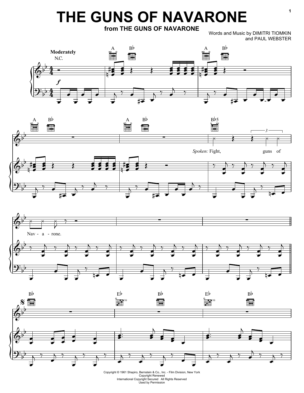Preview Dimitri Tiomkin The Guns Of Navarone Pop sheet music, notes and chords for Piano, Vocal & Guitar (Right-Hand Melody), SKU: 21724 Download Dimitri Tiomkin The Guns Of Navarone sheet music and printable PDF score & Pop music notes
