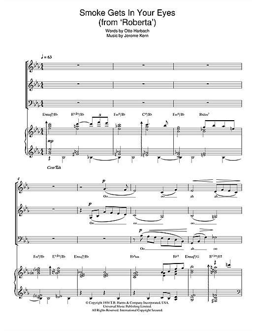 Preview Dinah Washington Smoke Gets In Your Eyes (from 'Roberta') Ballad sheet music, notes and chords for SAB, SKU: 114433 sheet music, piano notes, chords, guitar tabs, score, transpose, transcribe, how to play, guide, download, learn, tutorial, progression, song, artist, awards, billboard, mtv, vh1, tour, single, album, release