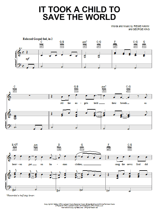Preview Dino It Took A Child To Save The World Religious sheet music, notes and chords for Piano, Vocal & Guitar (Right-Hand Melody), SKU: 66711 Download Dino It Took A Child To Save The World sheet music and printable PDF score & Religious music notes