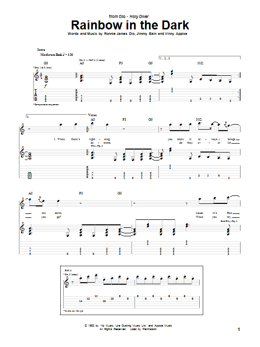 Preview Dio Rainbow In The Dark Pop sheet music, notes and chords for Guitar Tab, SKU: 160651 sheet music, piano notes, chords, guitar tabs, score, transpose, transcribe, how to play, guide, download, learn, tutorial, progression, song, artist, awards, billboard, mtv, vh1, tour, single, album, release