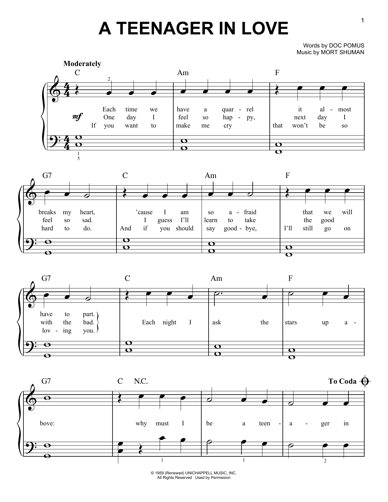 Preview Dion & The Belmonts A Teenager In Love Classics sheet music, notes and chords for Piano, Vocal & Guitar (Right-Hand Melody), SKU: 17690 sheet music, piano notes, chords, guitar tabs, score, transpose, transcribe, how to play, guide, download, learn, tutorial, progression, song, artist, awards, billboard, mtv, vh1, tour, single, album, release