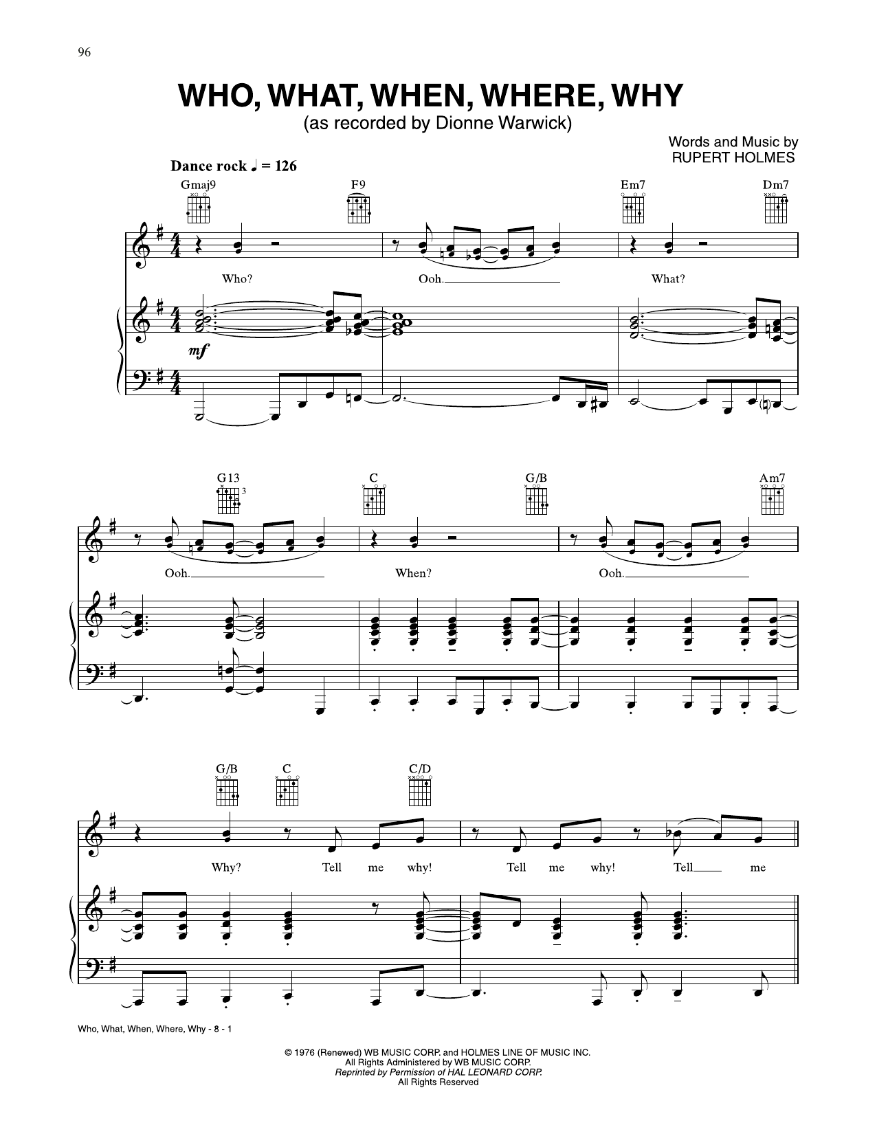 Dionne Warwick Who, What, When, Where, Why Sheet Music & Chords for Piano, Vocal & Guitar Chords (Right-Hand Melody) - Download or Print PDF