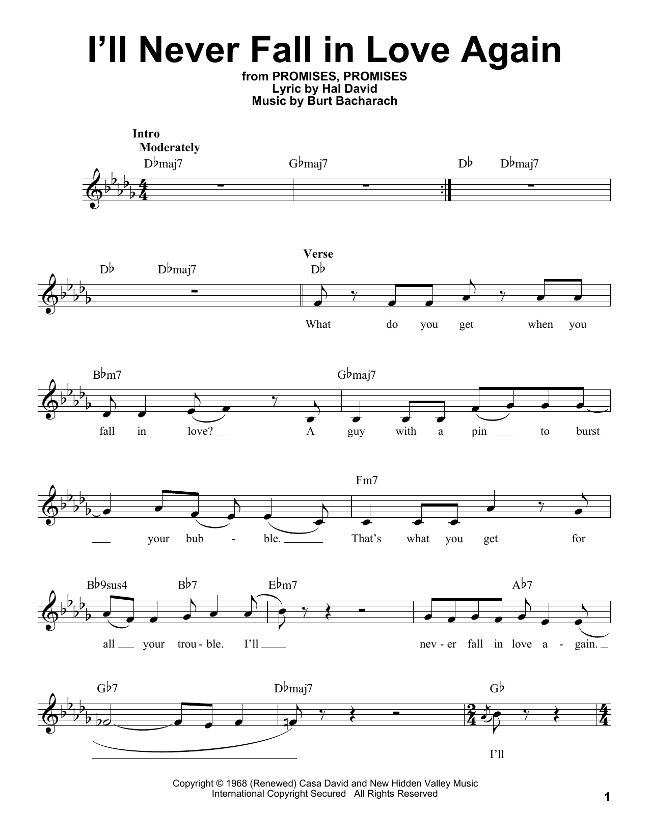 Preview Dionne Warwick I'll Never Fall In Love Again Broadway sheet music, notes and chords for Real Book – Melody & Chords, SKU: 466189 Download Dionne Warwick I'll Never Fall In Love Again sheet music and printable PDF score & Broadway music notes