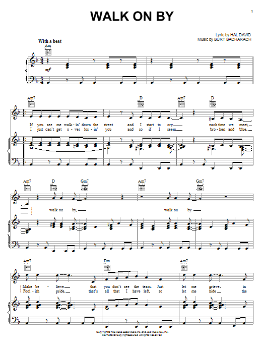 Preview Dionne Warwick Walk On By Pop sheet music, notes and chords for Piano, Vocal & Guitar (Right-Hand Melody), SKU: 28402 Download Dionne Warwick Walk On By sheet music and printable PDF score & Pop music notes