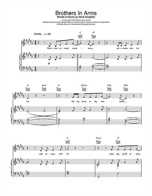 Preview Dire Straits Brothers In Arms Rock sheet music, notes and chords for Piano, Vocal & Guitar (Right-Hand Melody), SKU: 17631 sheet music, piano notes, chords, guitar tabs, score, transpose, transcribe, how to play, guide, download, learn, tutorial, progression, song, artist, awards, billboard, mtv, vh1, tour, single, album, release
