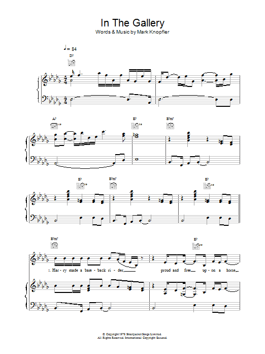Preview Dire Straits In The Gallery Rock sheet music, notes and chords for Piano, Vocal & Guitar (Right-Hand Melody), SKU: 14990 Download Dire Straits In The Gallery sheet music and printable PDF score & Rock music notes