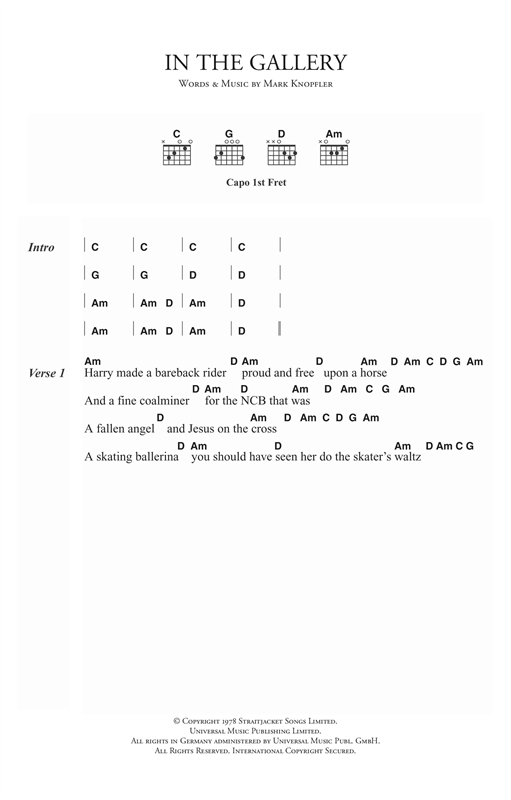 Preview Dire Straits In The Gallery Rock sheet music, notes and chords for Piano, Vocal & Guitar (Right-Hand Melody), SKU: 14990 sheet music, piano notes, chords, guitar tabs, score, transpose, transcribe, how to play, guide, download, learn, tutorial, progression, song, artist, awards, billboard, mtv, vh1, tour, single, album, release