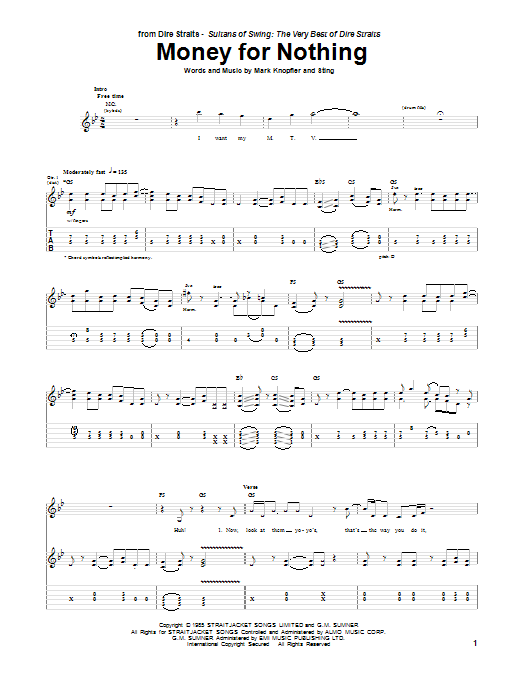 Download Dire Straits Money For Nothing sheet music and printable PDF score & Rock music notes