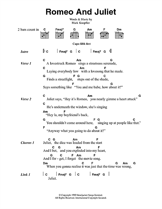 Download Dire Straits Romeo And Juliet sheet music and printable PDF score & Rock music notes