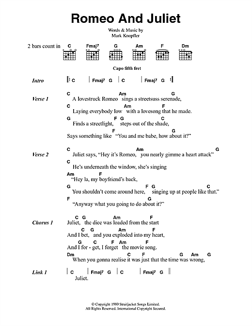 Preview Dire Straits Romeo And Juliet Rock sheet music, notes and chords for Lyrics & Chords, SKU: 47688 sheet music, piano notes, chords, guitar tabs, score, transpose, transcribe, how to play, guide, download, learn, tutorial, progression, song, artist, awards, billboard, mtv, vh1, tour, single, album, release