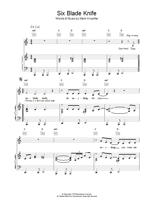 Preview Dire Straits Six Blade Knife Rock sheet music, notes and chords for Piano, Vocal & Guitar (Right-Hand Melody), SKU: 14998 Download Dire Straits Six Blade Knife sheet music and printable PDF score & Rock music notes