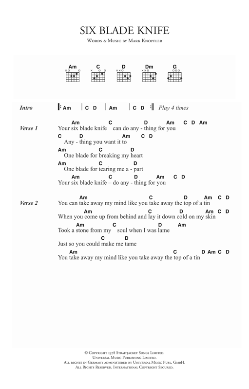 Preview Dire Straits Six Blade Knife Rock sheet music, notes and chords for Piano, Vocal & Guitar (Right-Hand Melody), SKU: 14998 sheet music, piano notes, chords, guitar tabs, score, transpose, transcribe, how to play, guide, download, learn, tutorial, progression, song, artist, awards, billboard, mtv, vh1, tour, single, album, release