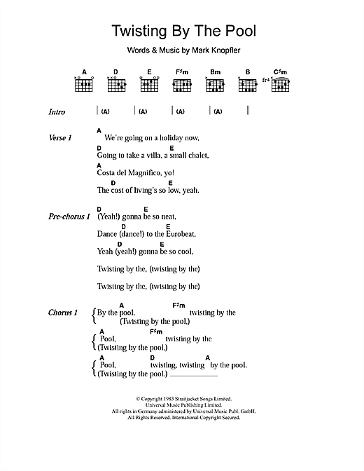 Preview Dire Straits Twisting By The Pool Rock sheet music, notes and chords for Lyrics & Chords, SKU: 108552 sheet music, piano notes, chords, guitar tabs, score, transpose, transcribe, how to play, guide, download, learn, tutorial, progression, song, artist, awards, billboard, mtv, vh1, tour, single, album, release