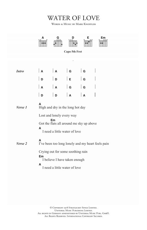 Preview Dire Straits Water of Love Rock sheet music, notes and chords for Piano, Vocal & Guitar (Right-Hand Melody), SKU: 15001 sheet music, piano notes, chords, guitar tabs, score, transpose, transcribe, how to play, guide, download, learn, tutorial, progression, song, artist, awards, billboard, mtv, vh1, tour, single, album, release