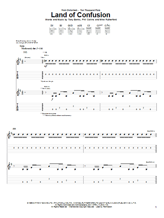 Preview Disturbed Land Of Confusion Rock sheet music, notes and chords for Guitar Tab, SKU: 58631 sheet music, piano notes, chords, guitar tabs, score, transpose, transcribe, how to play, guide, download, learn, tutorial, progression, song, artist, awards, billboard, mtv, vh1, tour, single, album, release