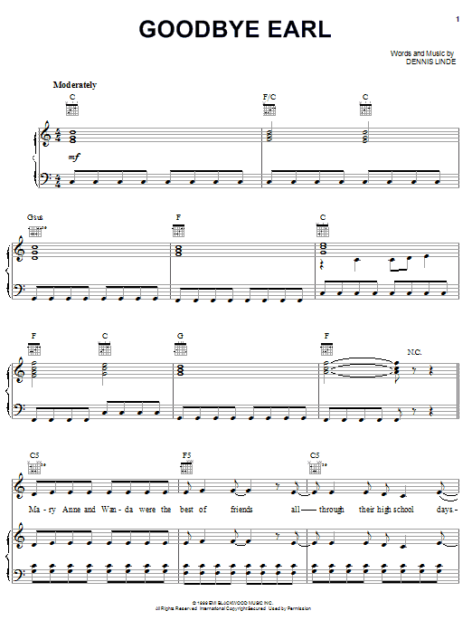 Preview Dixie Chicks Goodbye Earl Pop sheet music, notes and chords for Piano, Vocal & Guitar (Right-Hand Melody), SKU: 18227 sheet music, piano notes, chords, guitar tabs, score, transpose, transcribe, how to play, guide, download, learn, tutorial, progression, song, artist, awards, billboard, mtv, vh1, tour, single, album, release