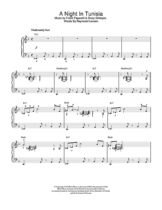 Preview Dizzy Gillespie A Night In Tunisia Jazz sheet music, notes and chords for Saxophone, SKU: 44947 sheet music, piano notes, chords, guitar tabs, score, transpose, transcribe, how to play, guide, download, learn, tutorial, progression, song, artist, awards, billboard, mtv, vh1, tour, single, album, release