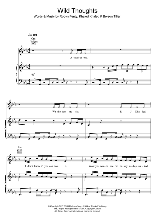 Preview DJ Khaled Wild Thoughts (feat. Rihanna & Bryson Tiller) Pop sheet music, notes and chords for Keyboard, SKU: 125329 sheet music, piano notes, chords, guitar tabs, score, transpose, transcribe, how to play, guide, download, learn, tutorial, progression, song, artist, awards, billboard, mtv, vh1, tour, single, album, release
