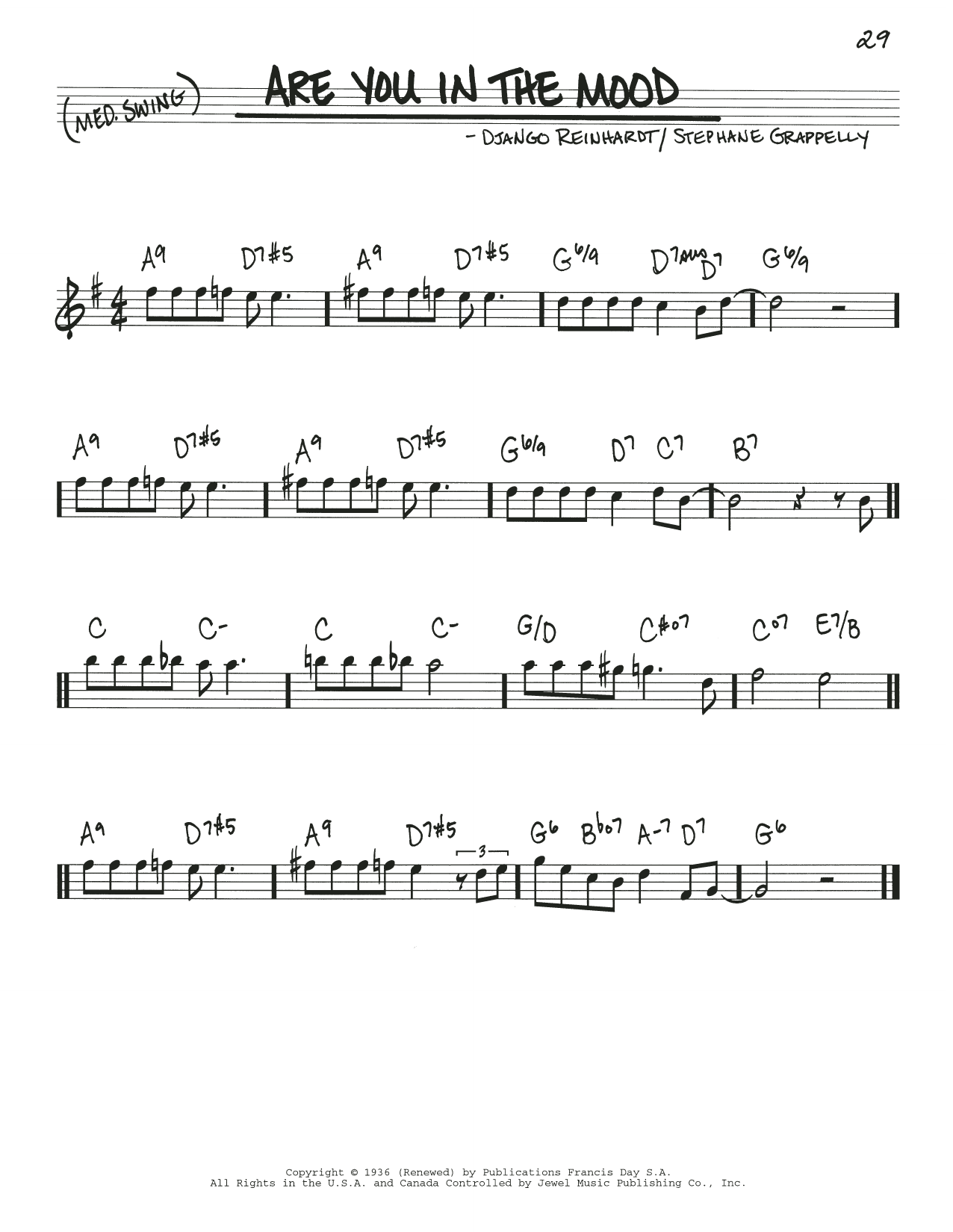 Preview Django Reinhardt Are You In The Mood Jazz sheet music, notes and chords for Real Book – Melody & Chords, SKU: 457376 Download Django Reinhardt Are You In The Mood sheet music and printable PDF score & Jazz music notes