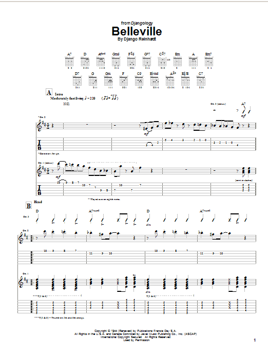 Preview Django Reinhardt Belleville Jazz sheet music, notes and chords for Guitar Tab, SKU: 21976 Download Django Reinhardt Belleville sheet music and printable PDF score & Jazz music notes