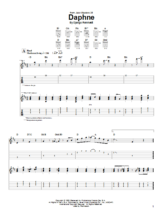 Preview Django Reinhardt Daphne Jazz sheet music, notes and chords for Guitar Tab, SKU: 21977 sheet music, piano notes, chords, guitar tabs, score, transpose, transcribe, how to play, guide, download, learn, tutorial, progression, song, artist, awards, billboard, mtv, vh1, tour, single, album, release