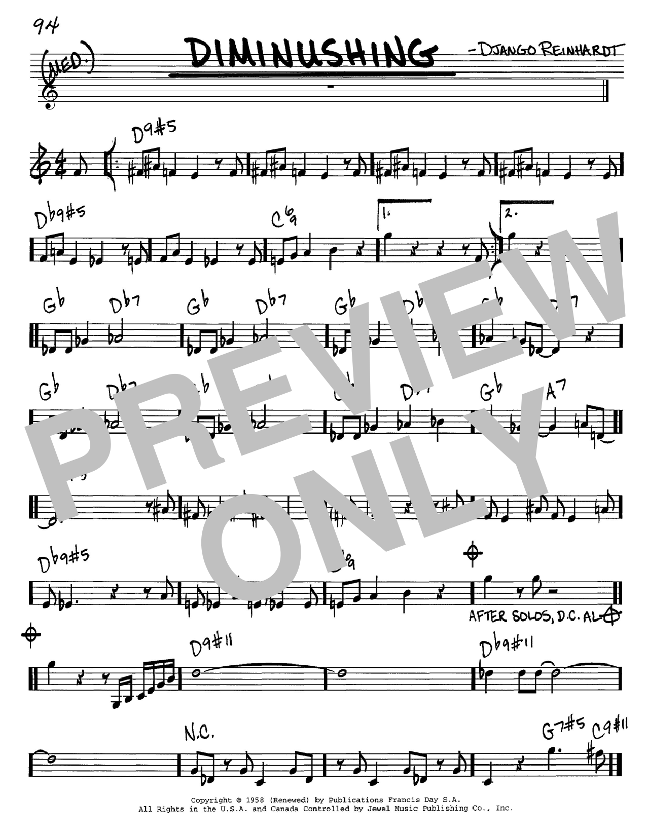 Preview Django Reinhardt Diminushing Jazz sheet music, notes and chords for Real Book - Melody & Chords - C Instruments, SKU: 60827 sheet music, piano notes, chords, guitar tabs, score, transpose, transcribe, how to play, guide, download, learn, tutorial, progression, song, artist, awards, billboard, mtv, vh1, tour, single, album, release
