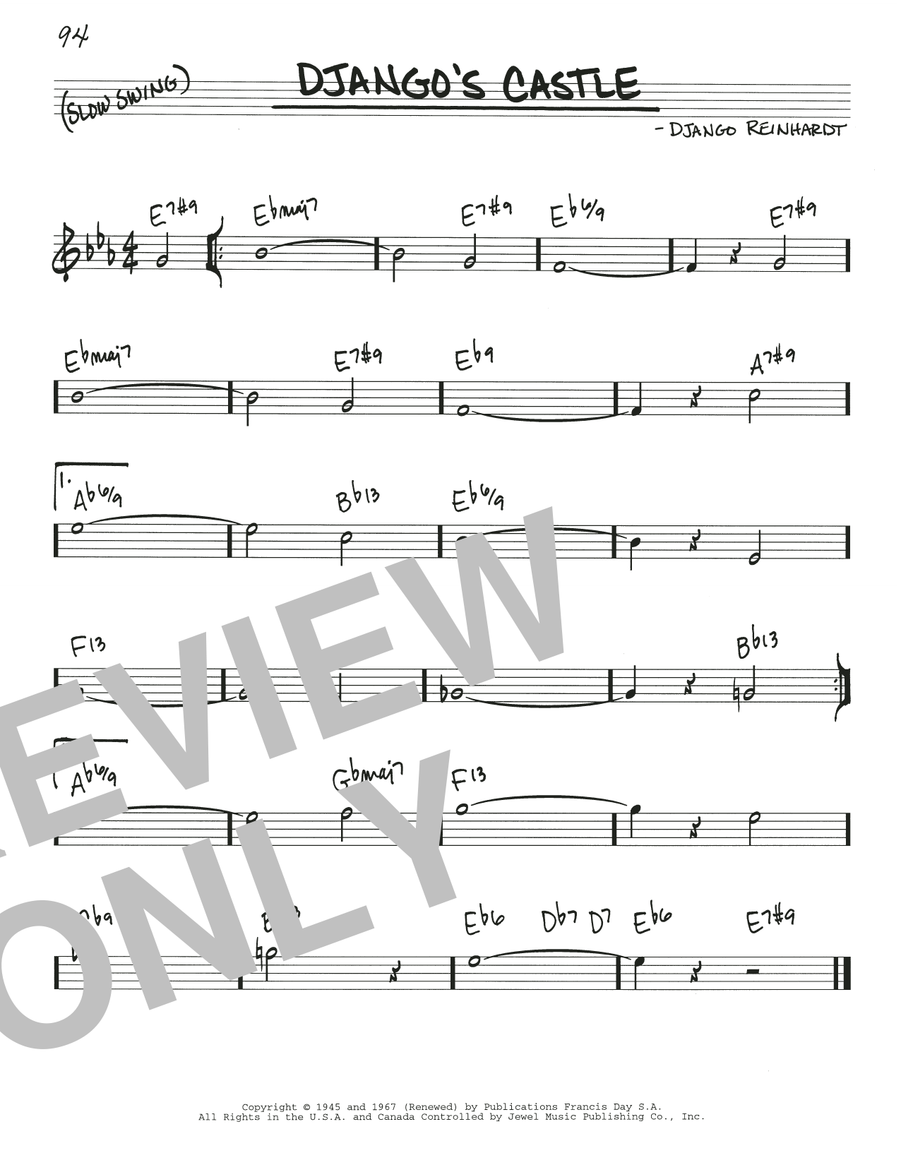 Preview Django Reinhardt Django's Castle Jazz sheet music, notes and chords for Real Book – Melody & Chords, SKU: 457146 Download Django Reinhardt Django's Castle sheet music and printable PDF score & Jazz music notes