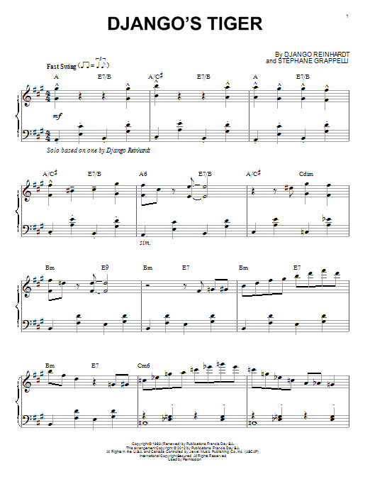Preview Django Reinhardt Django's Tiger (arr. Brent Edstrom) Jazz sheet music, notes and chords for Piano, SKU: 90155 sheet music, piano notes, chords, guitar tabs, score, transpose, transcribe, how to play, guide, download, learn, tutorial, progression, song, artist, awards, billboard, mtv, vh1, tour, single, album, release