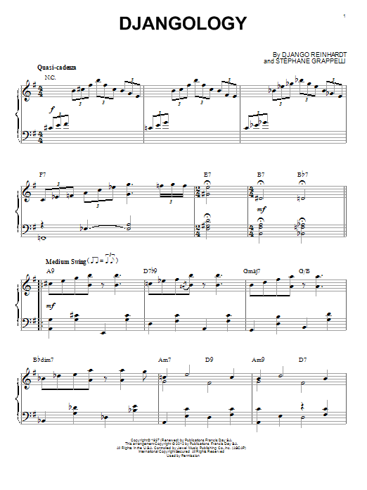 Preview Django Reinhardt Djangology (arr. Brent Edstrom) Jazz sheet music, notes and chords for Piano, SKU: 90111 sheet music, piano notes, chords, guitar tabs, score, transpose, transcribe, how to play, guide, download, learn, tutorial, progression, song, artist, awards, billboard, mtv, vh1, tour, single, album, release