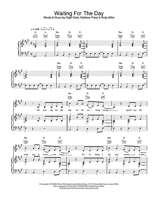 Preview Dodgy Waiting For The Day Rock sheet music, notes and chords for Piano, Vocal & Guitar (Right-Hand Melody), SKU: 17243 sheet music, piano notes, chords, guitar tabs, score, transpose, transcribe, how to play, guide, download, learn, tutorial, progression, song, artist, awards, billboard, mtv, vh1, tour, single, album, release