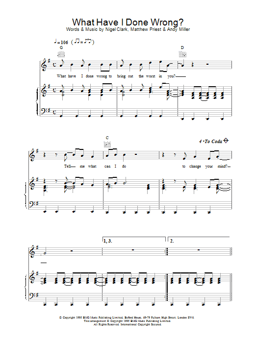 Preview Dodgy What Have I Done Wrong Rock sheet music, notes and chords for Piano, Vocal & Guitar (Right-Hand Melody), SKU: 17242 Download Dodgy What Have I Done Wrong sheet music and printable PDF score & Rock music notes