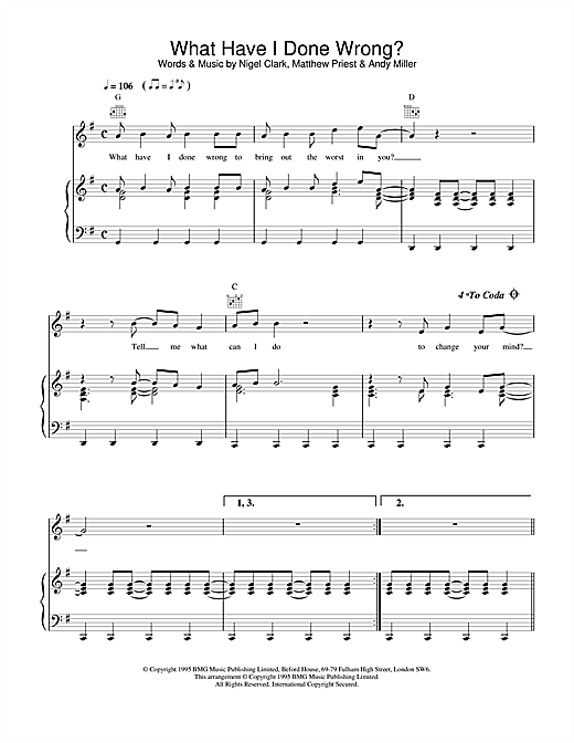 Preview Dodgy What Have I Done Wrong Rock sheet music, notes and chords for Piano, Vocal & Guitar (Right-Hand Melody), SKU: 17242 sheet music, piano notes, chords, guitar tabs, score, transpose, transcribe, how to play, guide, download, learn, tutorial, progression, song, artist, awards, billboard, mtv, vh1, tour, single, album, release