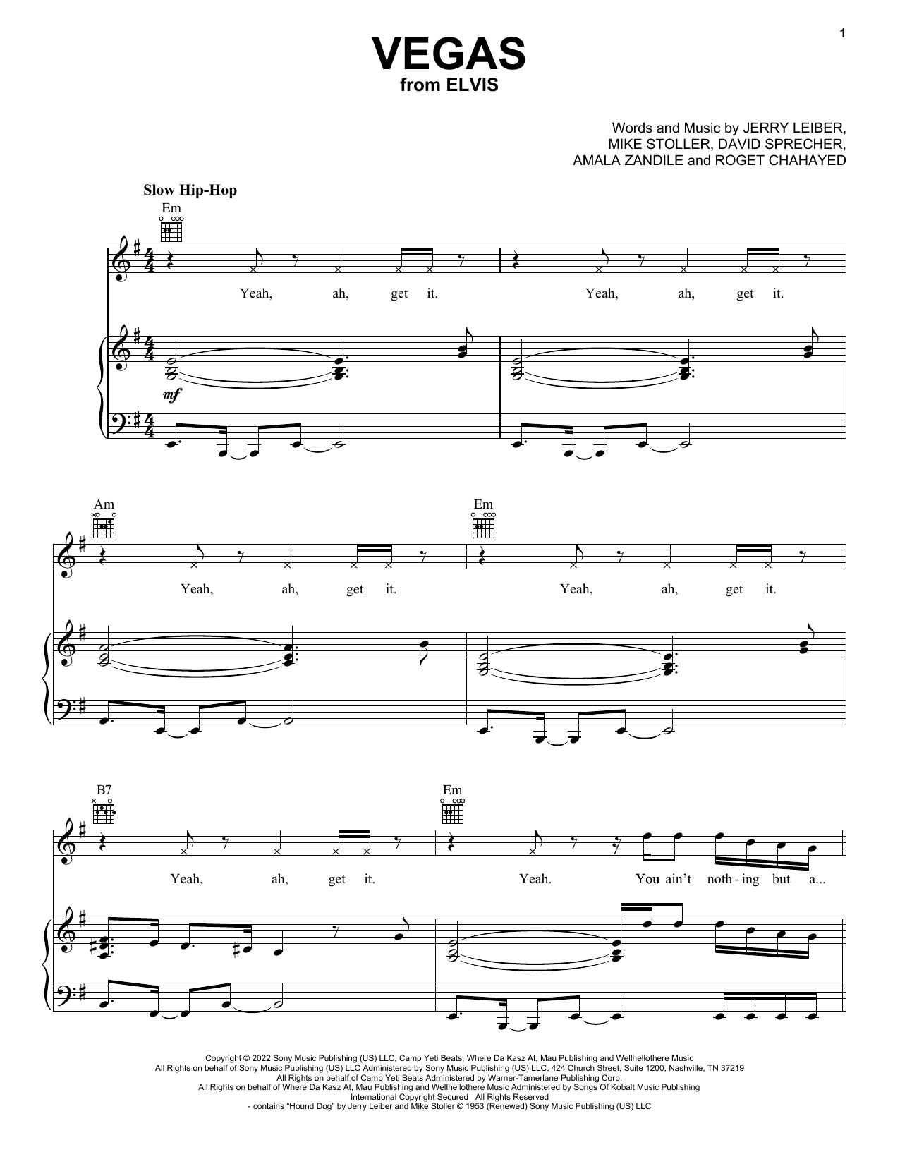 Doja Cat Vegas (from ELVIS) Sheet Music for Film/TV Piano, Vocal & Guitar Chords (Right-Hand Melody) including 7 page(s)