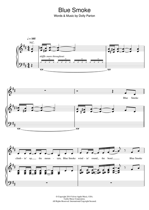 Preview Dolly Parton Blue Smoke Country sheet music, notes and chords for Piano, Vocal & Guitar (Right-Hand Melody), SKU: 121052 sheet music, piano notes, chords, guitar tabs, score, transpose, transcribe, how to play, guide, download, learn, tutorial, progression, song, artist, awards, billboard, mtv, vh1, tour, single, album, release