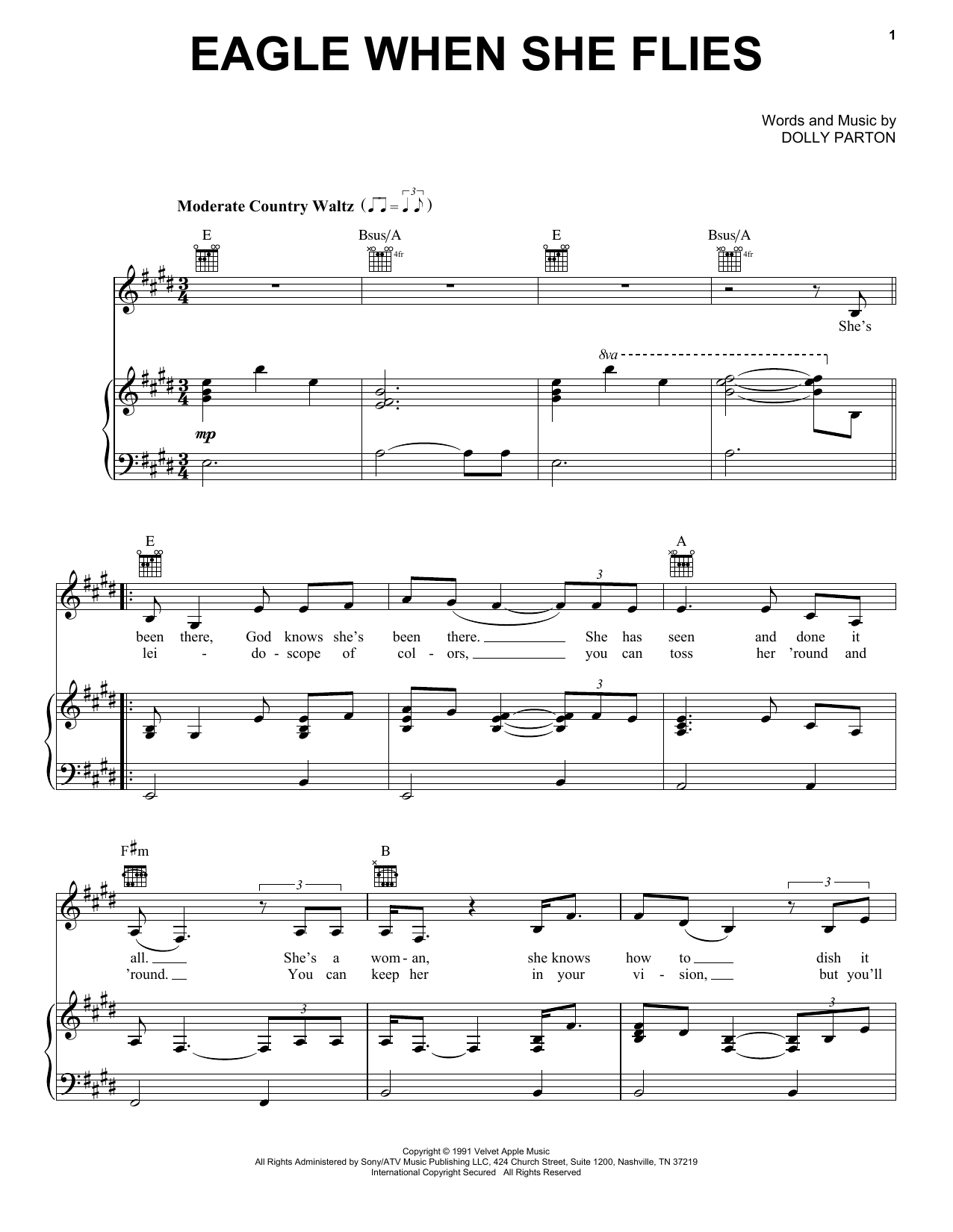 Preview Dolly Parton Eagle When She Flies Country sheet music, notes and chords for Piano, Vocal & Guitar (Right-Hand Melody), SKU: 472895 sheet music, piano notes, chords, guitar tabs, score, transpose, transcribe, how to play, guide, download, learn, tutorial, progression, song, artist, awards, billboard, mtv, vh1, tour, single, album, release