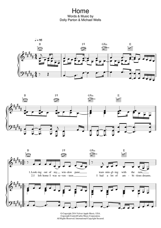 Preview Dolly Parton Home Country sheet music, notes and chords for Piano, Vocal & Guitar (Right-Hand Melody), SKU: 121047 sheet music, piano notes, chords, guitar tabs, score, transpose, transcribe, how to play, guide, download, learn, tutorial, progression, song, artist, awards, billboard, mtv, vh1, tour, single, album, release