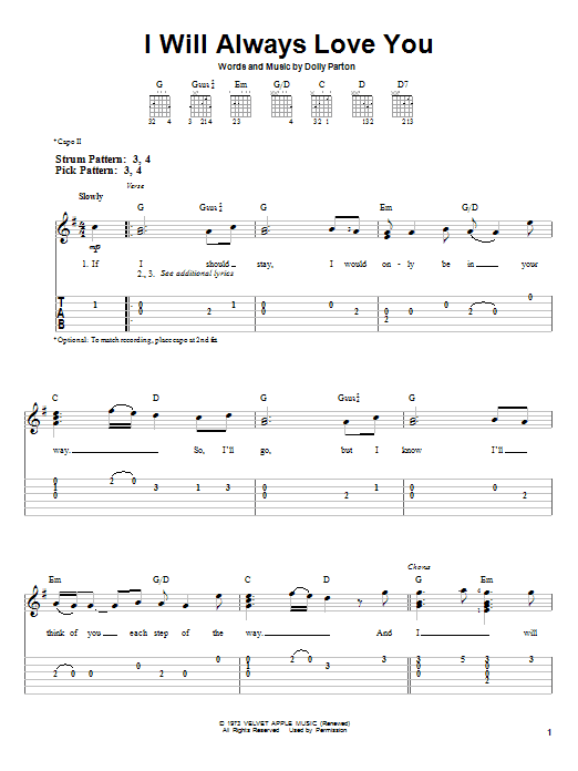 Preview Dolly Parton I Will Always Love You Country sheet music, notes and chords for Piano, Vocal & Guitar (Right-Hand Melody), SKU: 58677 sheet music, piano notes, chords, guitar tabs, score, transpose, transcribe, how to play, guide, download, learn, tutorial, progression, song, artist, awards, billboard, mtv, vh1, tour, single, album, release