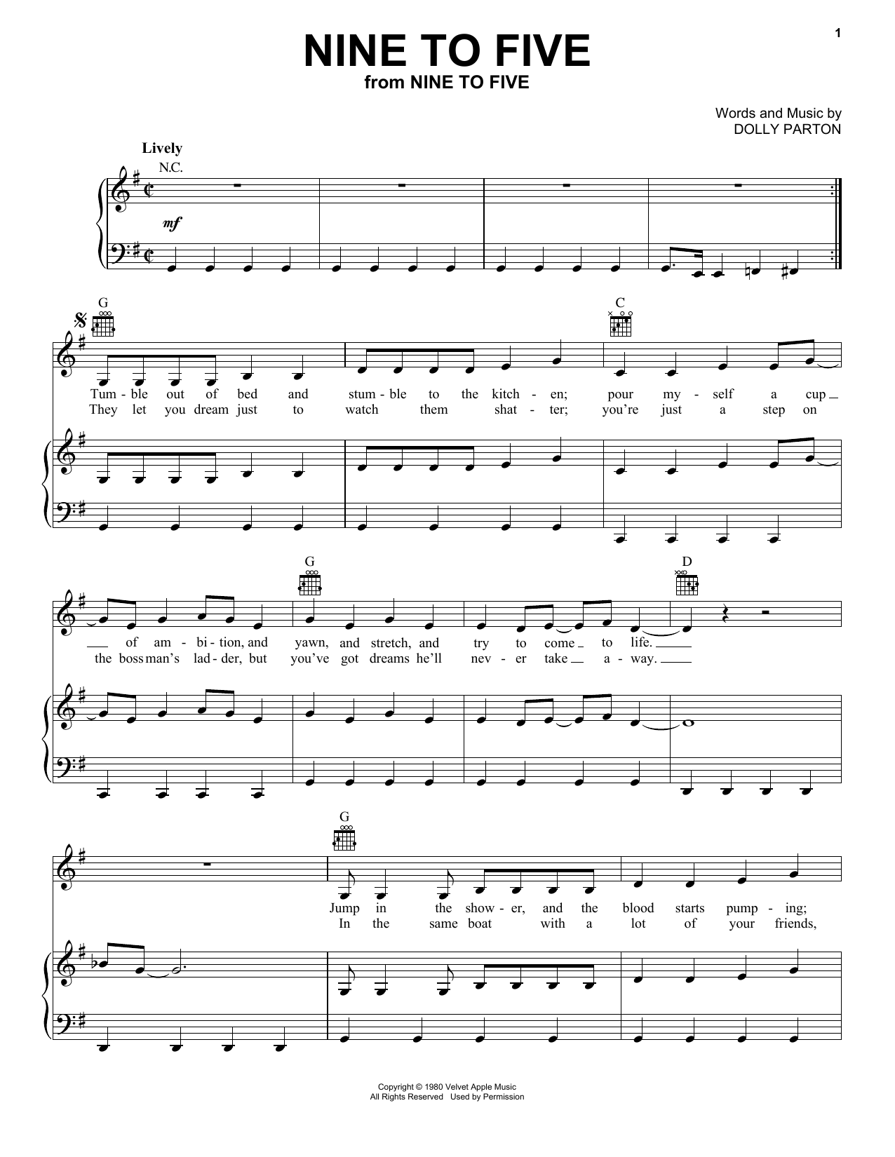 Preview Dolly Parton Nine To Five Country sheet music, notes and chords for Piano, Vocal & Guitar, SKU: 32068 Download Dolly Parton Nine To Five sheet music and printable PDF score & Country music notes