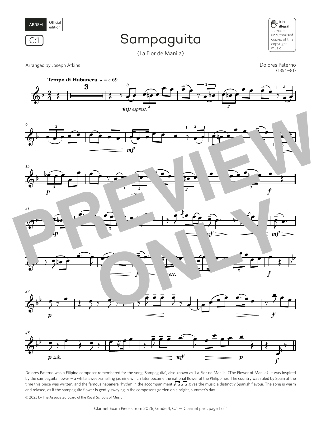 Dolores Paterno Sampaguita (Grade 4, list C1, from the ABRSM Clarinet Syllabus from 2026) Sheet Music & Chords for Clarinet Solo - Download or Print PDF