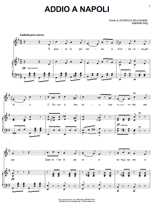 Preview Domenico Bolognese Addio a Napoli World sheet music, notes and chords for Piano, Vocal & Guitar (Right-Hand Melody), SKU: 51168 sheet music, piano notes, chords, guitar tabs, score, transpose, transcribe, how to play, guide, download, learn, tutorial, progression, song, artist, awards, billboard, mtv, vh1, tour, single, album, release