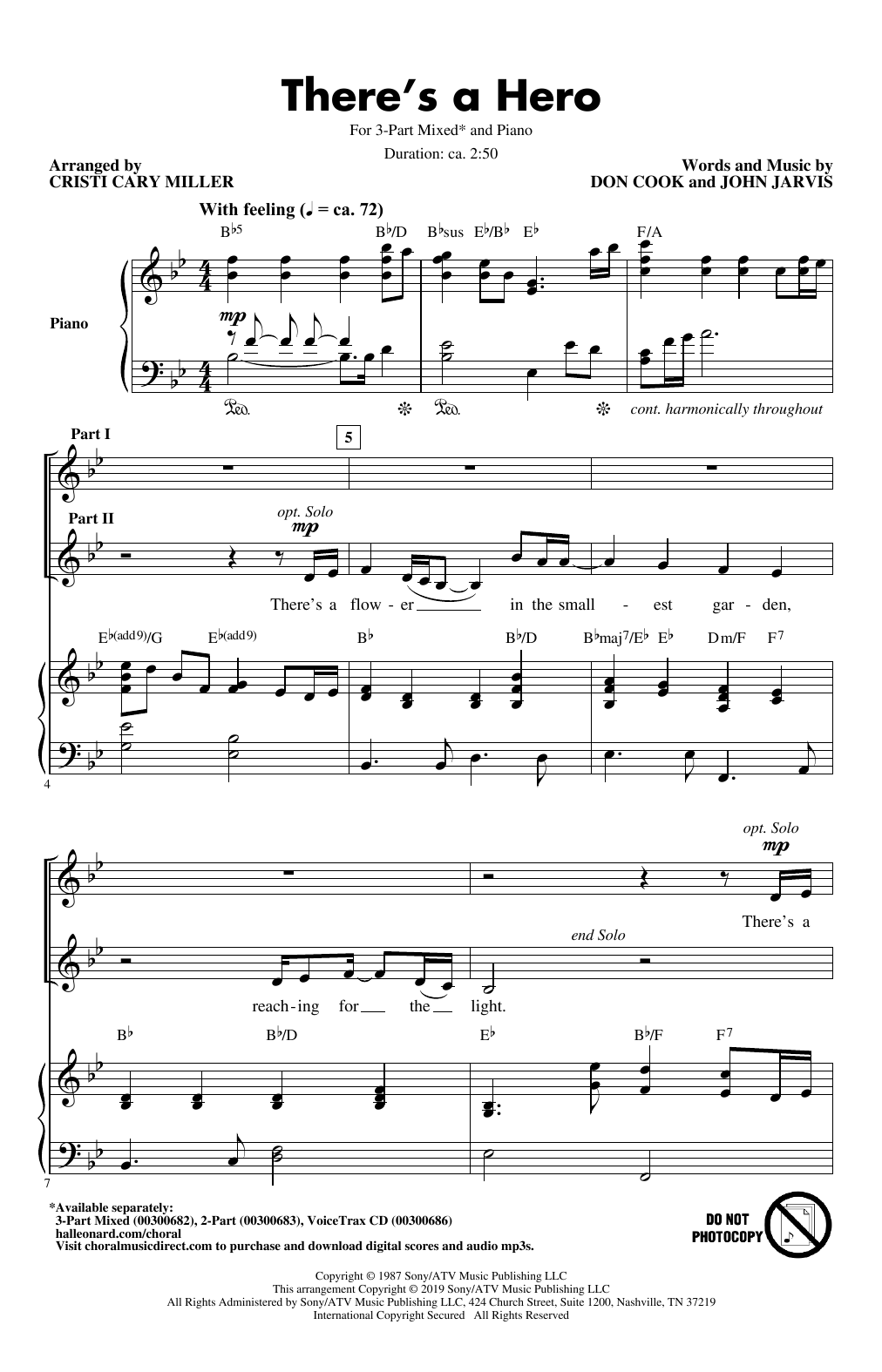 Preview Don Cook and John Jarvis There's A Hero (arr. Cristi Cary Miller) Pop sheet music, notes and chords for 3-Part Mixed Choir, SKU: 426686 sheet music, piano notes, chords, guitar tabs, score, transpose, transcribe, how to play, guide, download, learn, tutorial, progression, song, artist, awards, billboard, mtv, vh1, tour, single, album, release