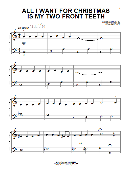 Download Donald Gardner All I Want For Christmas Is My Two Front Teeth sheet music and printable PDF score & Easy Listening music notes