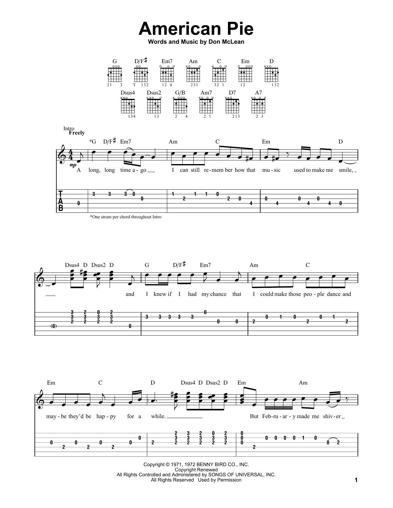 Download Don McLean American Pie sheet music and printable PDF score & Country music notes