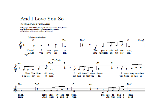 Download Don McLean And I Love You So sheet music and printable PDF score & Rock music notes